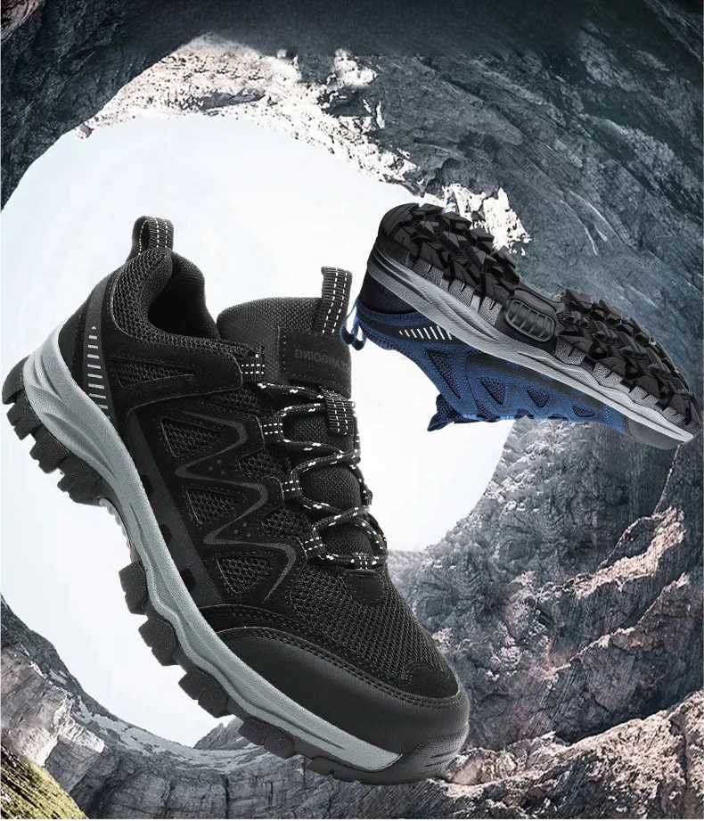 Work athletic shoes – Arch support, wide toe box, breathable, lightweight, non-slip, designed for mountaineering and outdoor activities.